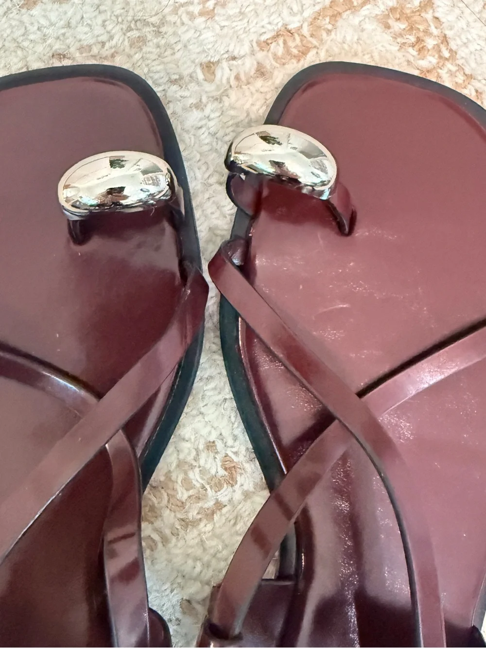 ZARA Burgundy Toe-Ring Strappy Sandals with Silver Accent - Picture 2 of 9